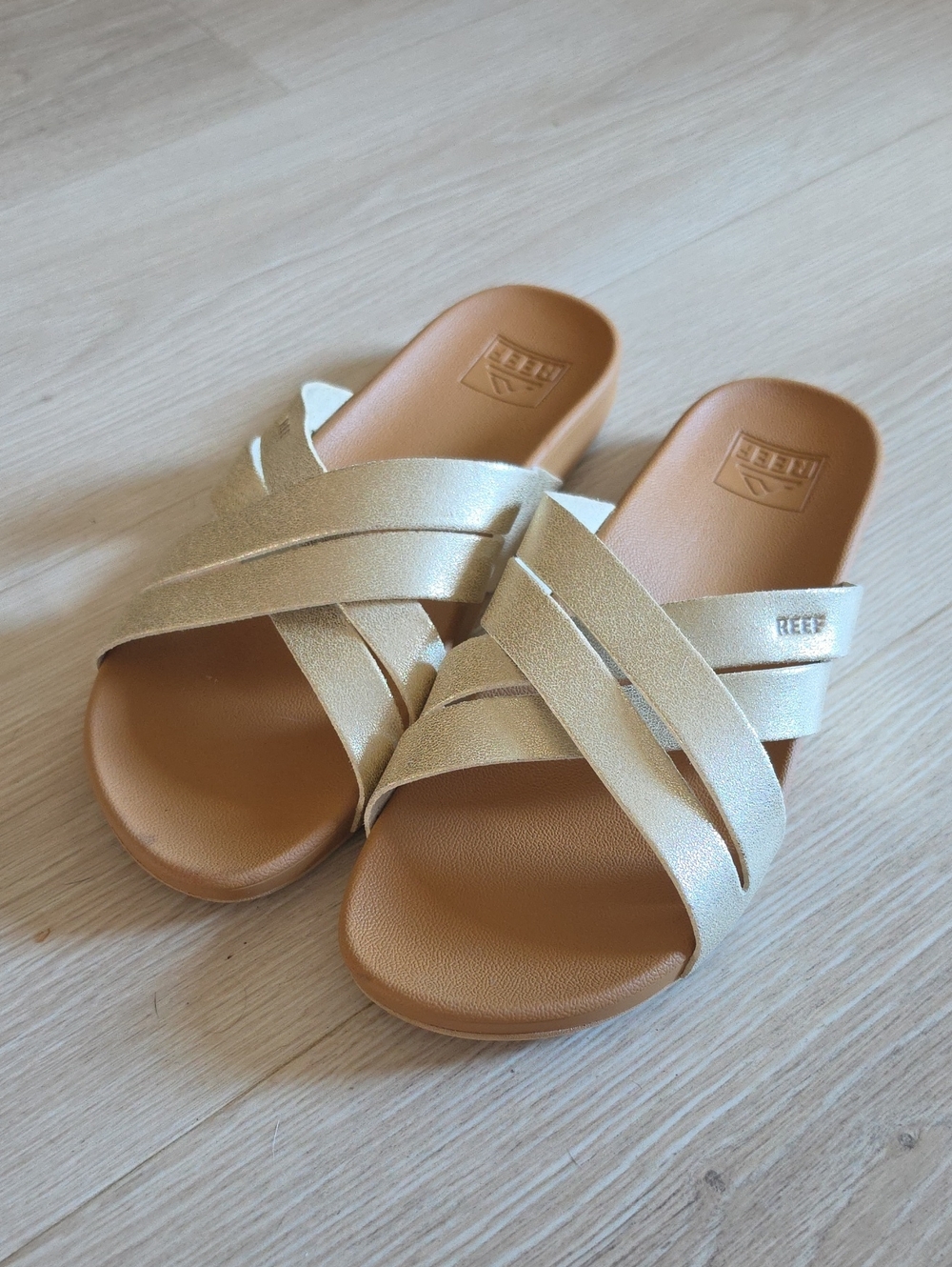 Reef Metallic Gold Crisscross Slide Sandals